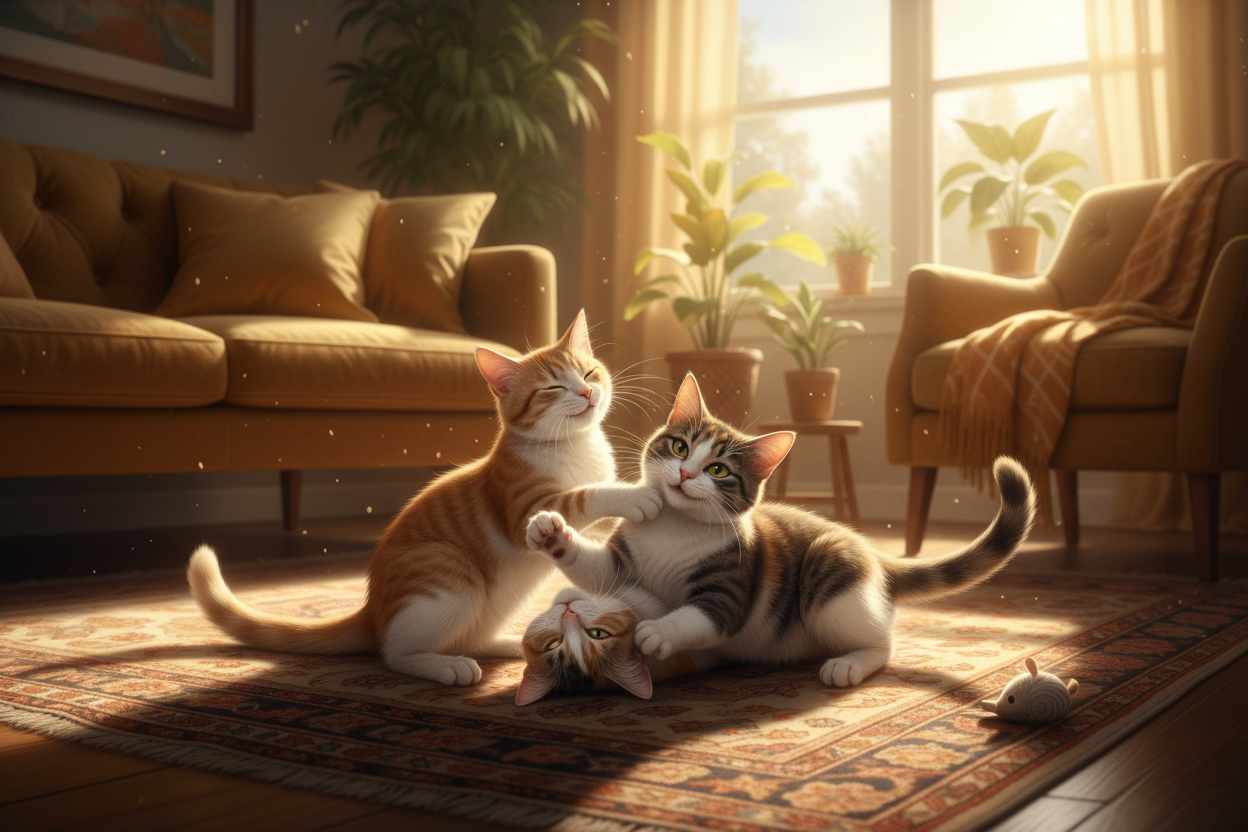 warm tone with two realistic happy cats playing